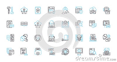 Cyber defense linear icons set. Encryption, Firewall, Malware, Hacking, Antivirus, Intrusion, Cybercrime line vector and Vector Illustration