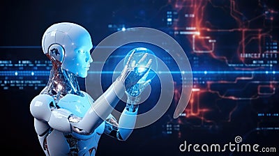 Cyber digital world android robot pointing finger, Technology artificial intelligence automated, Digital world technology Stock Photo
