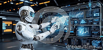 The cyber digital world consists of android robots pointing fingers, computer code, stock chatbots, and futuristic Stock Photo