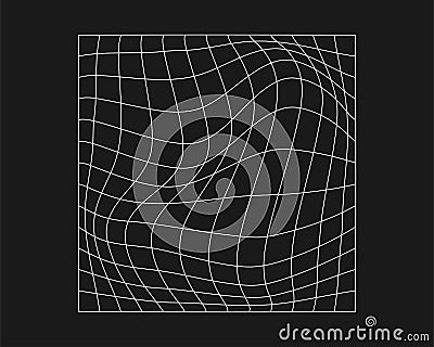 Cyber distorted grid, retro punk design element. Wireframe wave geometry grid on black background. Vector illustration Vector Illustration