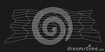 Cyber distorted grid, retro punk design element. Wireframe wave geometry grid on black background. Vector illustration Vector Illustration