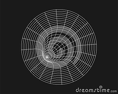 Cyber distorted round grid, retro punk design element. Wireframe wave geometry grid on black background. Vector Vector Illustration