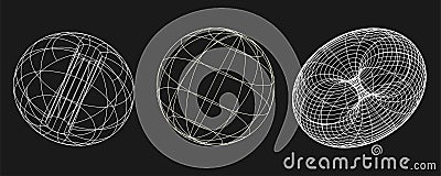 Cyber distorted shapes set, retro punk design elements. Wireframe wave geometry shape on black background. Vector Cartoon Illustration