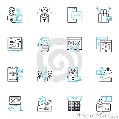 Cyber economy linear icons set. Digital, Blockchain, Cryptocurrency, E-commerce, Cybersecurity, Tech-based, Automation Vector Illustration