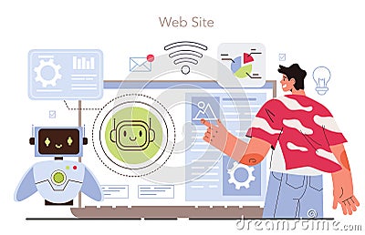 Cyber engineering online service or platform. Robotics' constructing Vector Illustration