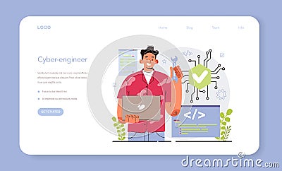 Cyber engineering web banner or landing page. Robotics' constructing Vector Illustration