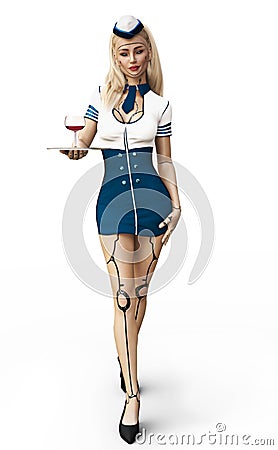 Cyber flight attendant. The future of airline travel is here with a female android flight attendant serving wine. Stock Photo
