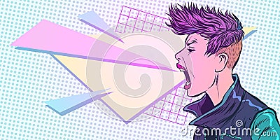 Cyber girl screams. emotion 80s woman Vector Illustration