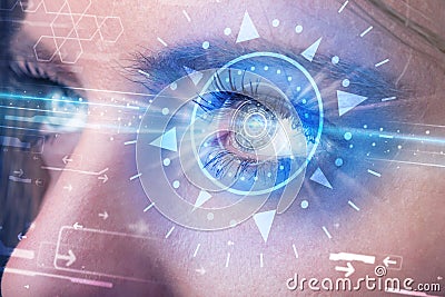 Cyber girl with technolgy eye looking into blue iris Stock Photo