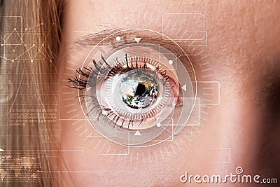 Cyber girl with technolgy eye looking Stock Photo