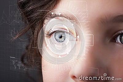 Cyber girl with technolgy eye looking Stock Photo