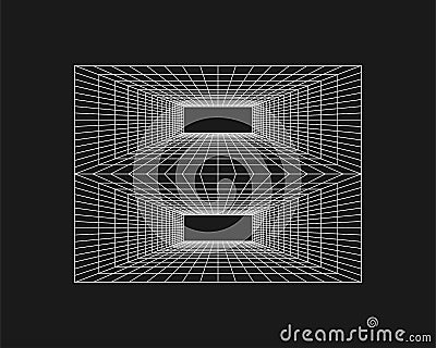 Cyber grid, retro punk perspective rectangular tunnel. Grid tunnel geometry on black background. Vector illustration Vector Illustration