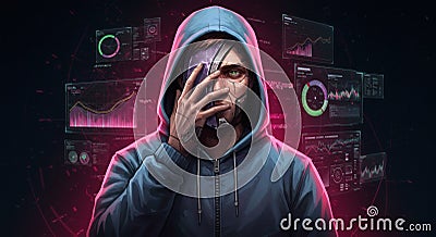 Cyber Hacker Covering Face with Data Visualization in Futuristic Setting Stock Photo