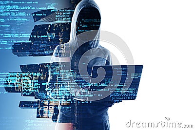 A cyber hacker is presented with lines of code, encapsulating themes of cybersecurity, anonymity Stock Photo