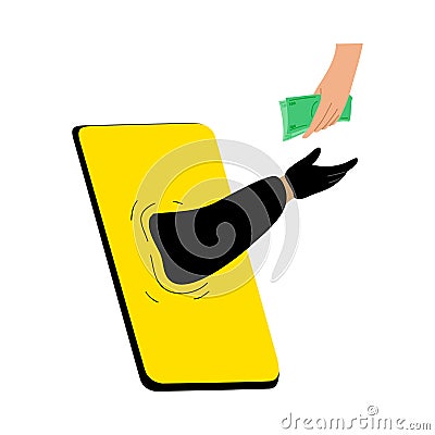 Cyber hackers thieves hand stealing money from a user`s hand online. Vector illustration in flat cartoon style. Vector Illustration