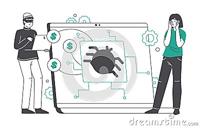 Cyber hacking and phishing, cyber crime concept. Internet criminal stealing password and money from bank account flat vector Vector Illustration