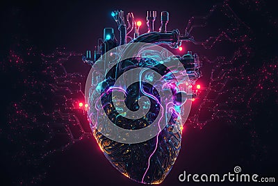 Cyber heart of Artificial Intelligence. Wires and circuit attached. Futuristic synthetic life. Generative AI Stock Photo