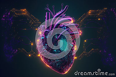 Cyber heart of Artificial Intelligence. Wires and circuit attached. Futuristic synthetic life. Generative AI Stock Photo