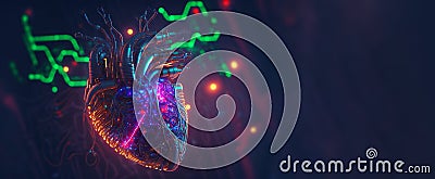 Cyber heart of Artificial Intelligence. Wires and circuit attached. Futuristic synthetic life. Generative AI Stock Photo