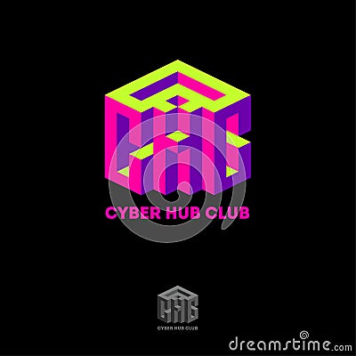 Cyber hub Club logo. C,H and C letters as 3D imitation of construction from cubes. Vector Illustration