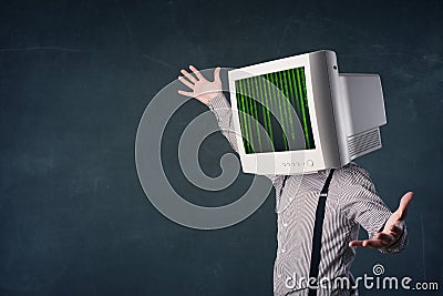 Cyber human with a monitor screen and computer code on the display Stock Photo