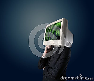 Cyber human with a monitor screen and computer code on the display Stock Photo