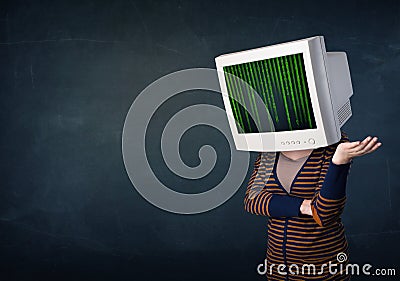 Cyber human with a monitor screen and computer code on the display Stock Photo