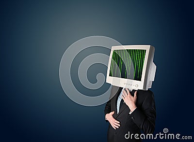 Cyber human with a monitor screen and computer code on the displ Stock Photo