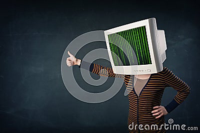 Cyber human with a monitor screen and computer code on the display Stock Photo