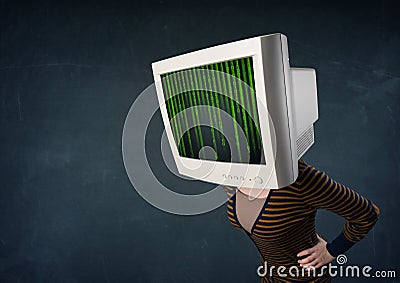 Cyber human with a monitor screen and computer code on the display Stock Photo