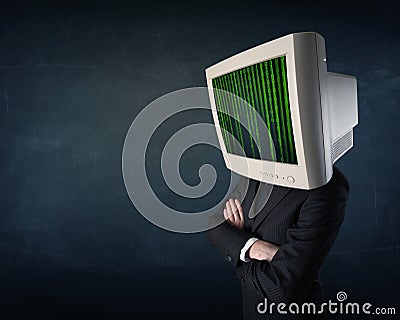 Cyber human with a monitor screen and computer code on the display Stock Photo