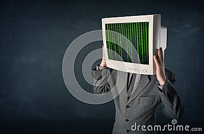 Cyber human with a monitor screen and computer code on the display Stock Photo