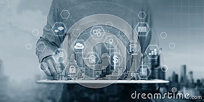 Cyber internet security system technology. Businessman using digital tablet and security lock technology icons Stock Photo