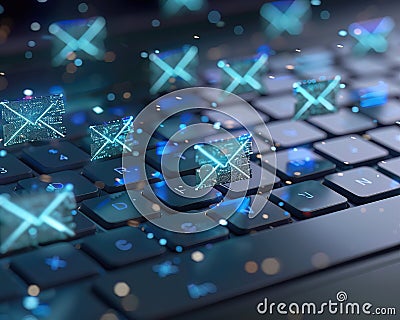 Cyber mail envelopes hover over a keyboard visualizing advanced electronic mail systems Stock Photo