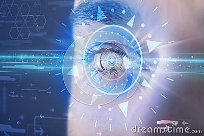 Cyber man with technolgy eye looking into blue iris Stock Photo