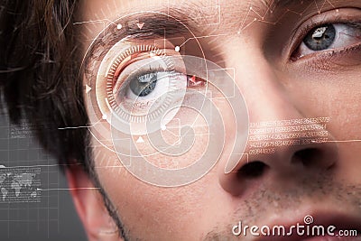 Cyber man with technolgy eye looking Stock Photo