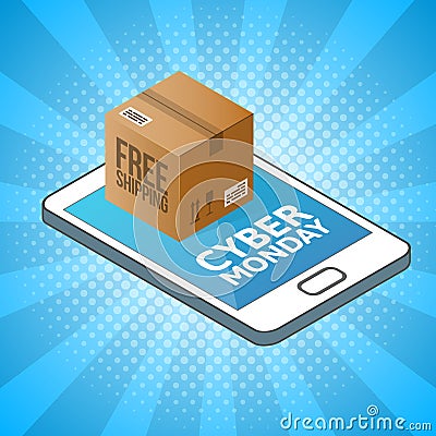 Cyber Monday background. Isometric smartphone with cardboard box. Online shopping, Free delivery concept. Vector Illustration