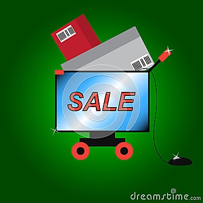 Cyber Monday. Banner. A computer monitor in the form of a shopping cart on wheels with purchases. Sale on the screen Vector Illustration