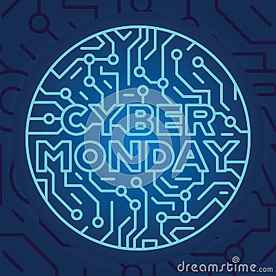 Cyber monday on blue electrical circuit background. Cyber monday sale and discount in web shop and online internet store Vector Illustration