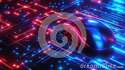 Cyber Monday, computer mouse on hi-tech background from computer circuit board glowing neon lights, connecting lines Stock Photo