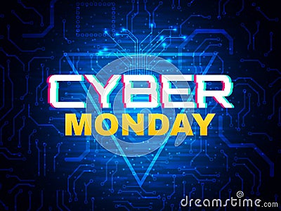 Cyber monday concept. Advertisement banner. Online sale design. Futuristic style poster. Cyber monday sign on blue Vector Illustration