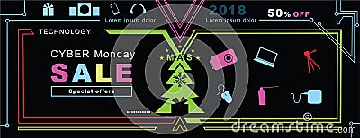 Cyber monday deals banner. Colorful neon banner on black background. Vector Illustration