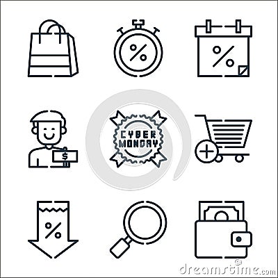 cyber monday line icons. linear set. quality vector line set such as wallet, find, discount tag, add to cart, cyber monday, Vector Illustration