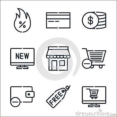 cyber monday line icons. linear set. quality vector line set such as website, free, wallet, shopping trolley, store, computer, Vector Illustration