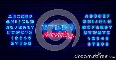Cyber monday neon lettering sign. Shiny blue alphabet. Luminous emblem. Glowing effect logo. Vector stock illustration Vector Illustration