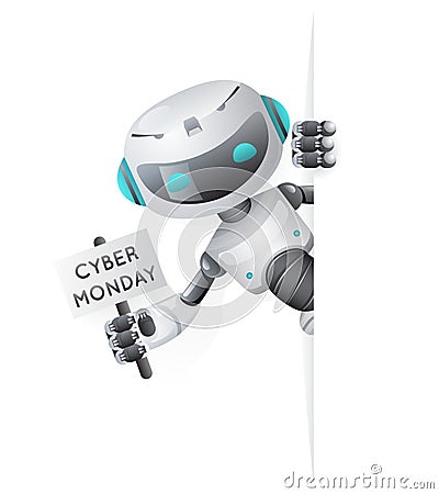 Cyber Monday robot look out corner poster in hand technology science fiction future cute little sale 3d design vector Vector Illustration