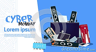 Cyber Monday Sale Banner Design With Pile Of Modern Electronics Gadgets Vector Illustration