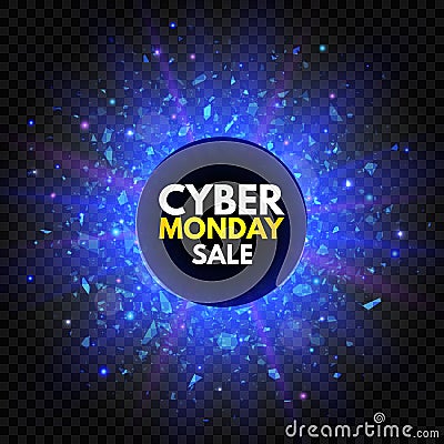 Cyber Monday sale banner with sparkle star and explosion light. Blue and violet glowing signboard, nightly advertising. Annual sal Vector Illustration
