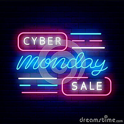 Cyber monday sale neon signboard. Luminous emblem. Shiny label. Isolated vector stock illustration Vector Illustration