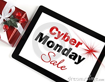 Cyber Monday Sale shopping message on black computer tablet device with gift Stock Photo